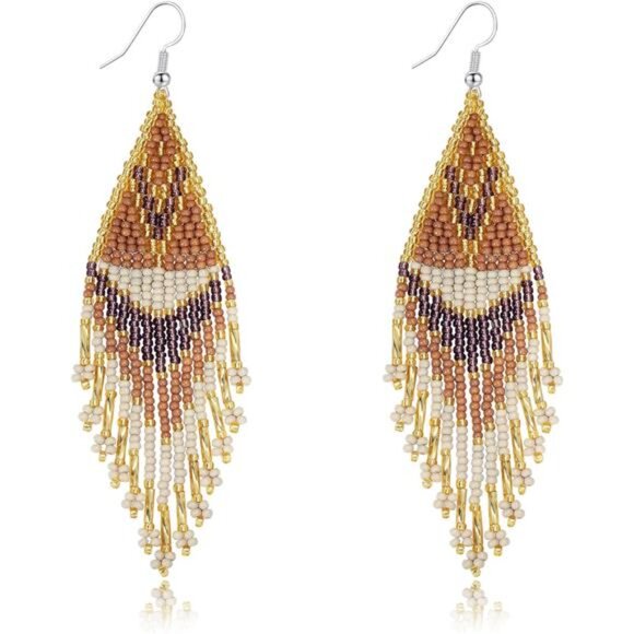 Handmade Boho Beaded Tassel Earrings | Long Seed Bead Fringe Dangles - Picture 1 of 3